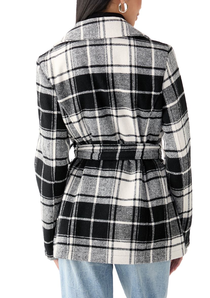Womens Plaid Faux Wool Peacoat with Belt