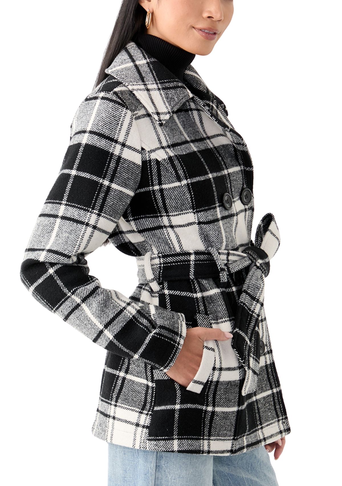 Womens Plaid Faux Wool Peacoat with Belt