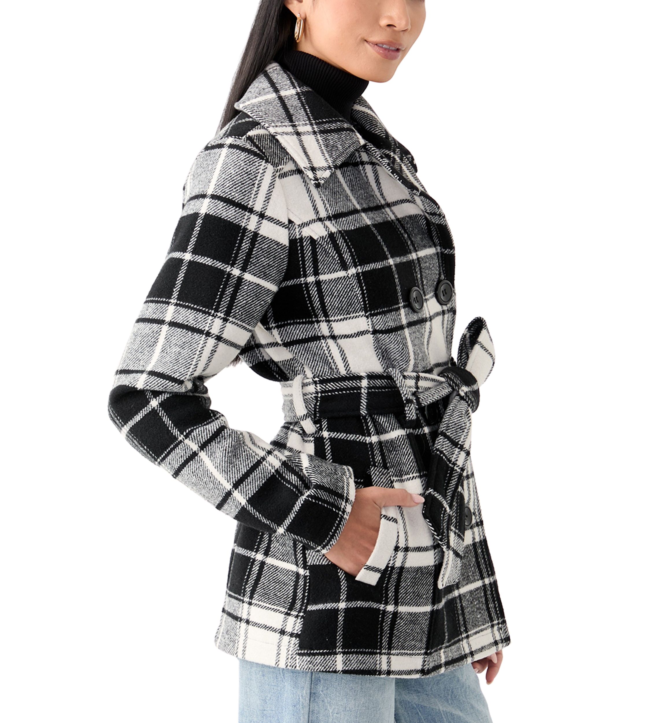 Womens Plaid Faux Wool Peacoat with Belt
