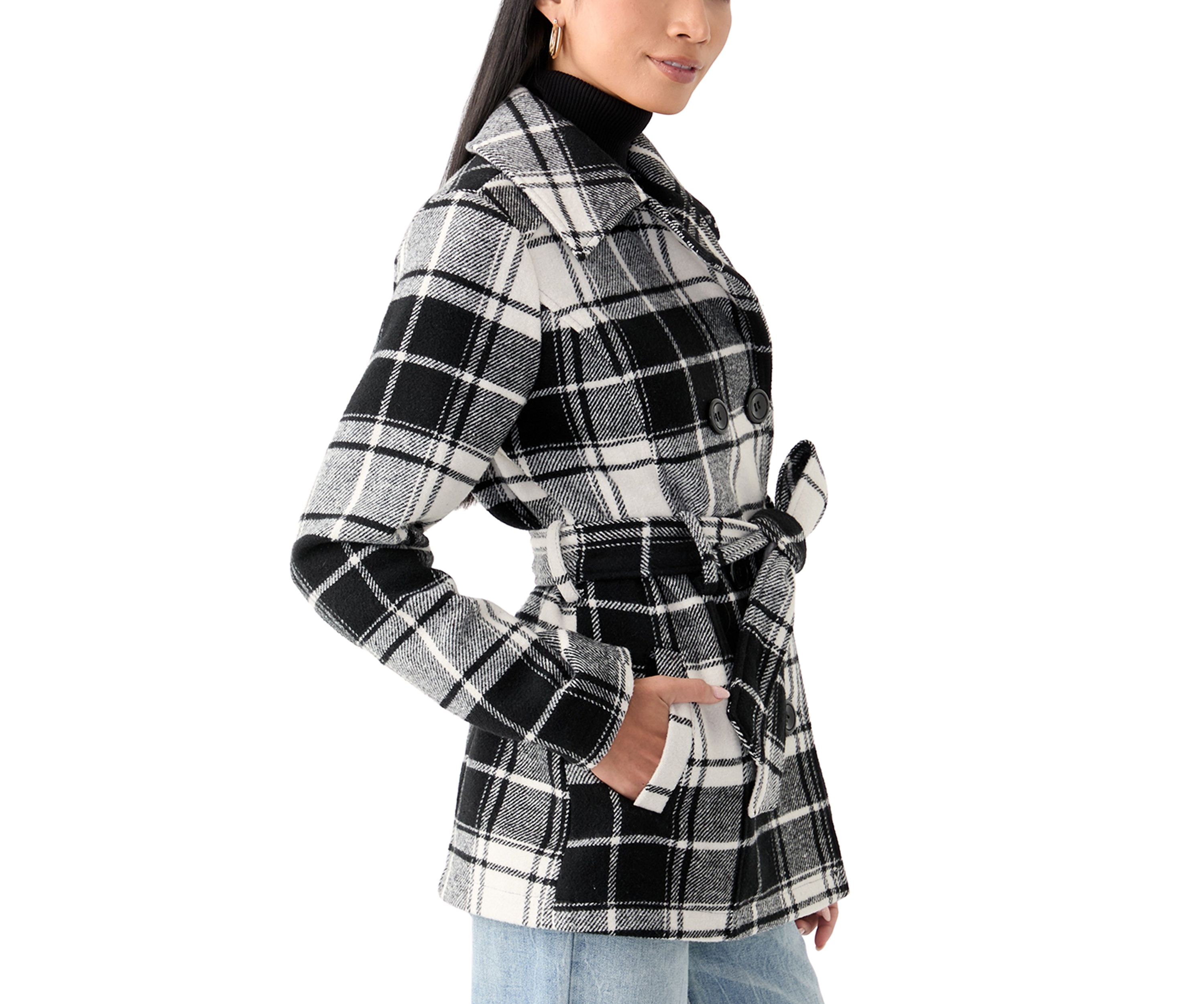 Womens Plaid Faux Wool Peacoat with Belt