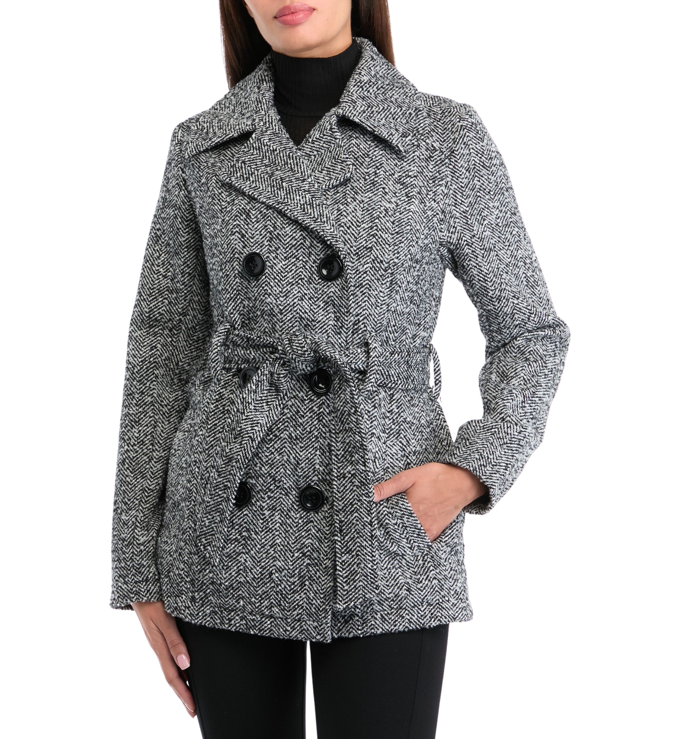 Womens Herringbone Faux Wool Peacoat 