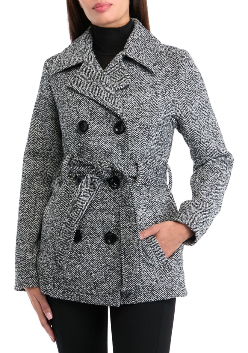 Womens Herringbone Faux Wool Peacoat 