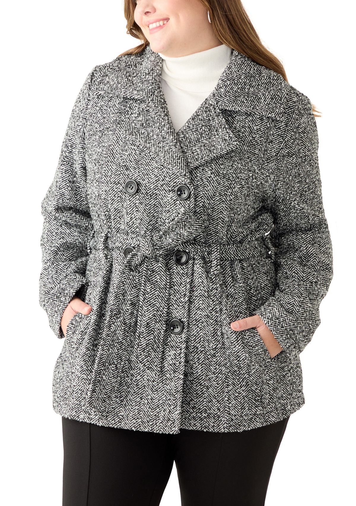 Plus Size Herringbone Faux Wool Peacoat
