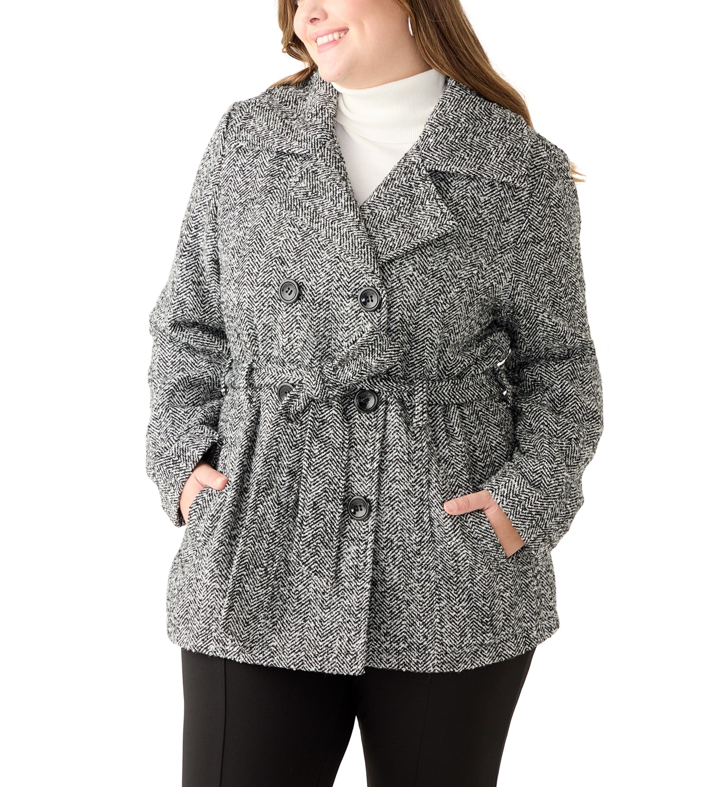 Plus Size Herringbone Faux Wool Peacoat