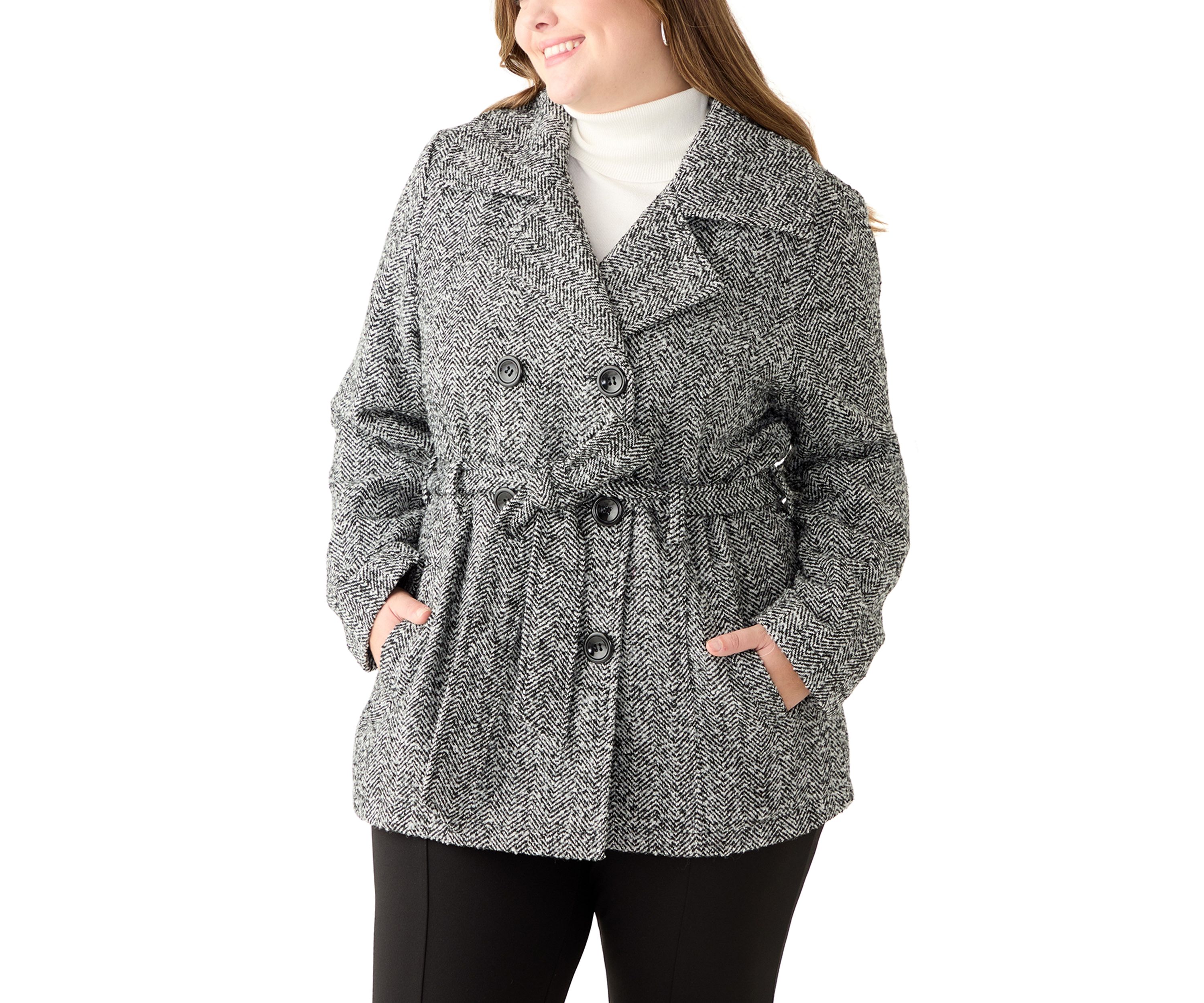Plus Size Herringbone Faux Wool Peacoat