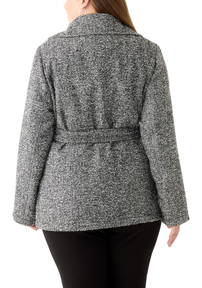 Plus Size Herringbone Faux Wool Peacoat