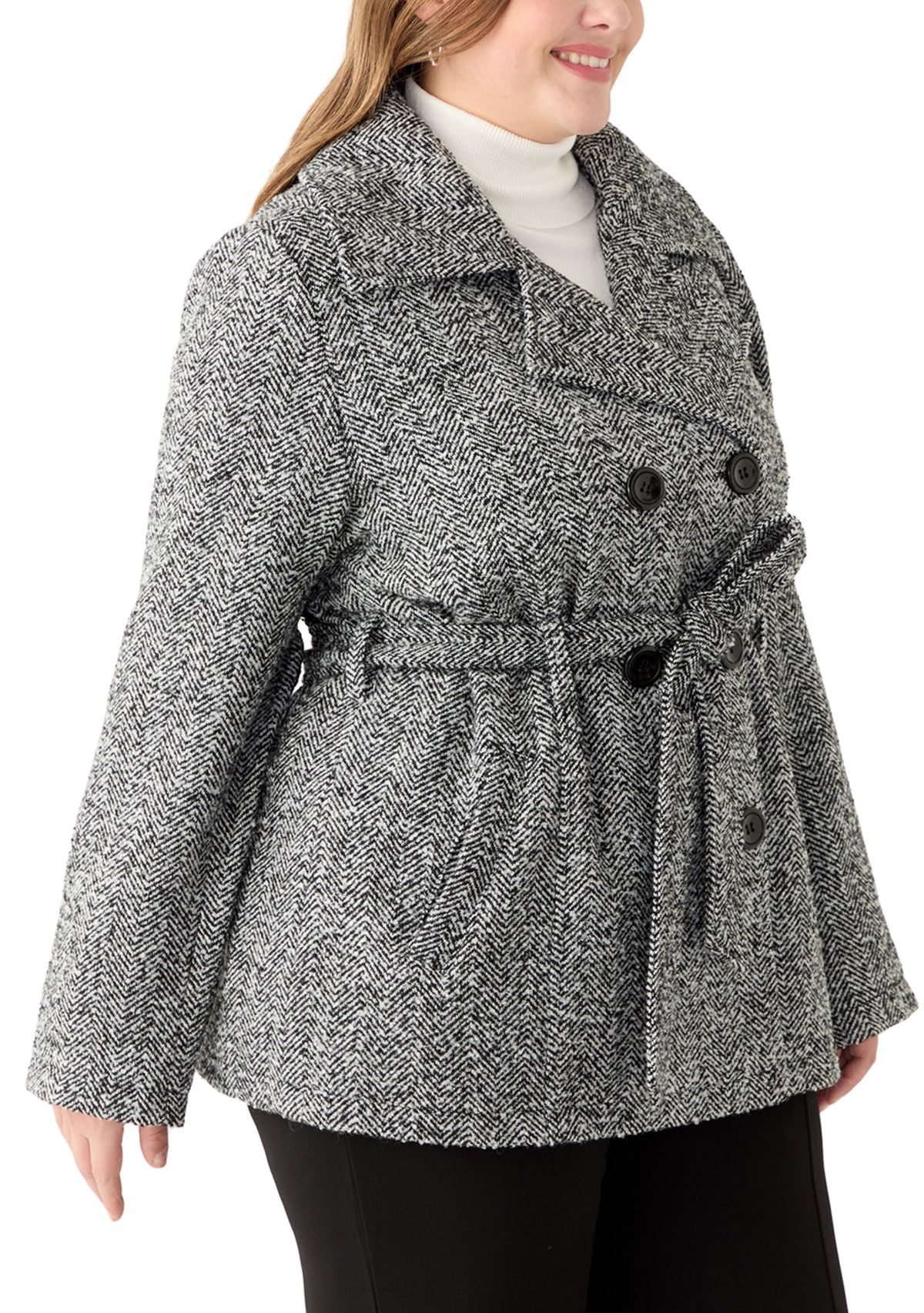 Plus Size Herringbone Faux Wool Peacoat