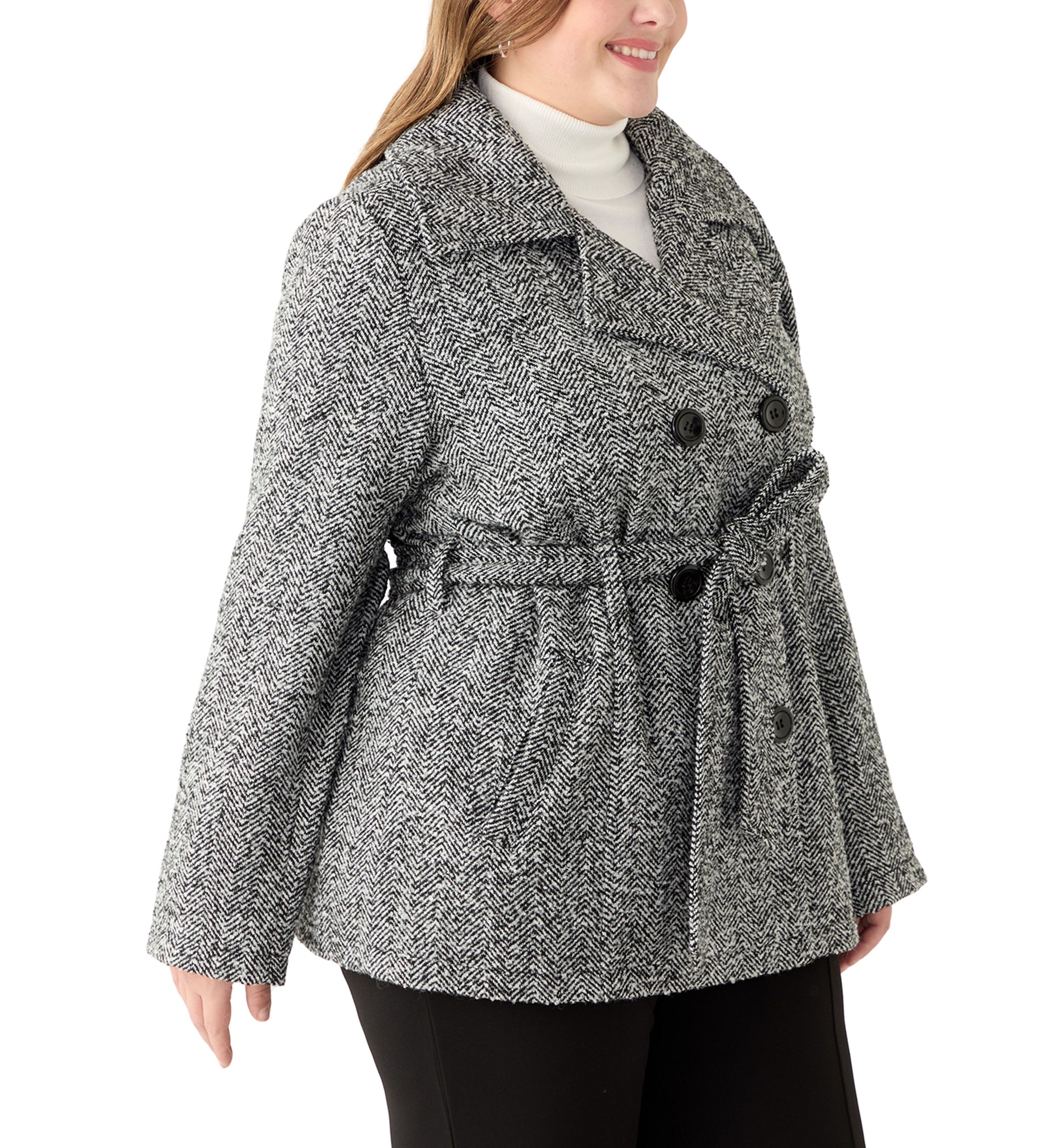 Plus Size Herringbone Faux Wool Peacoat