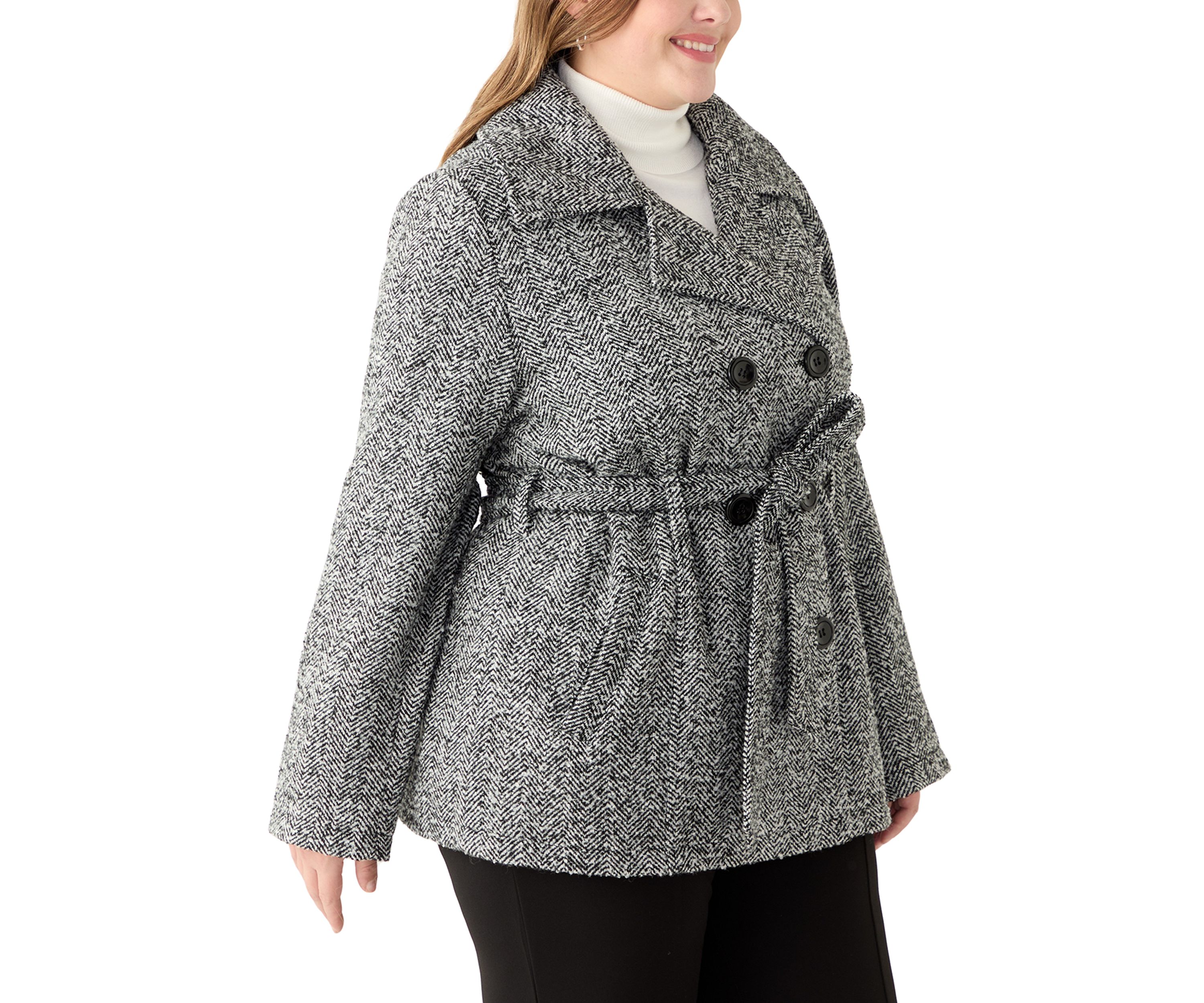 Plus Size Herringbone Faux Wool Peacoat