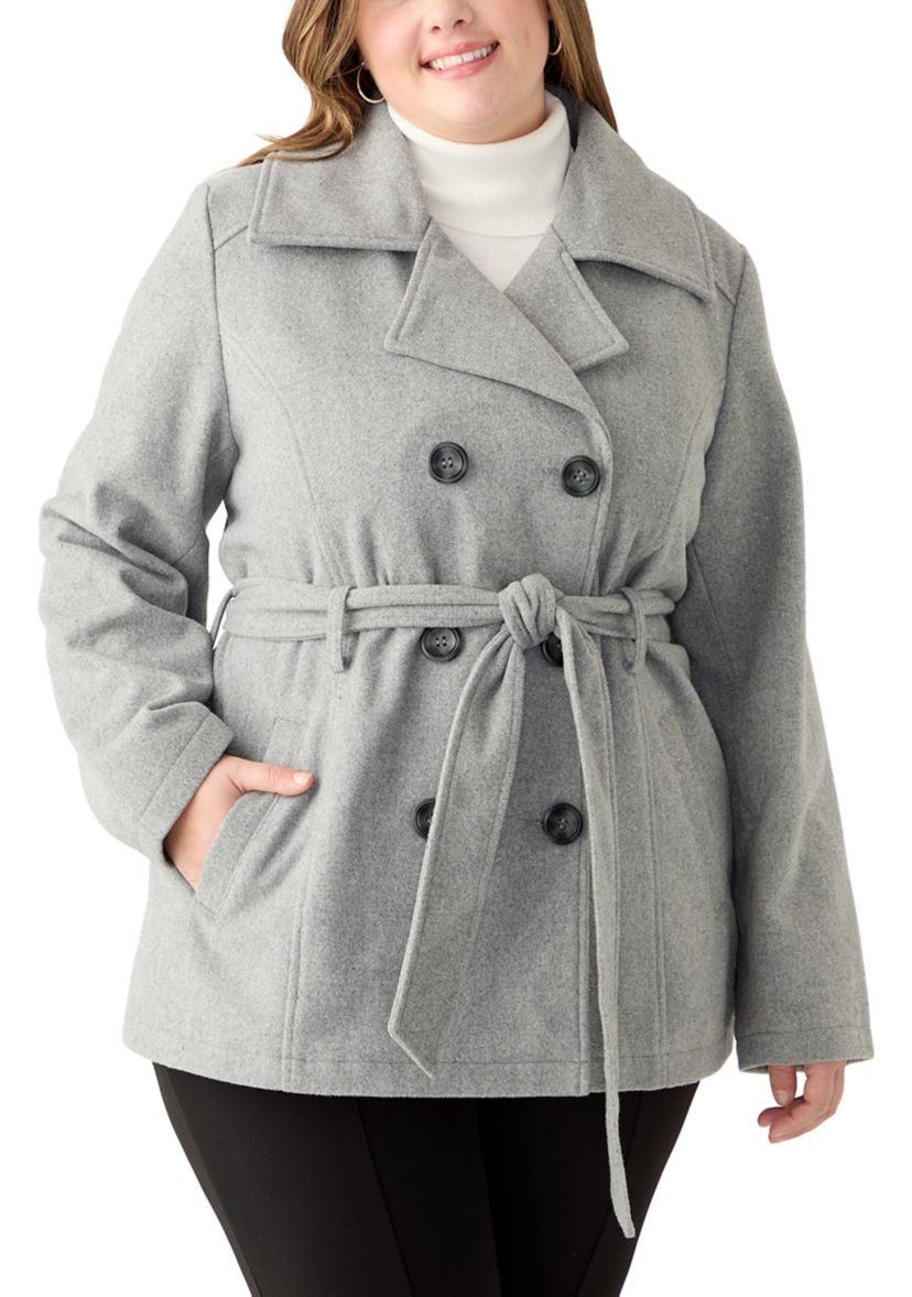 Plus Size Faux Wool Peacoat with Belt 