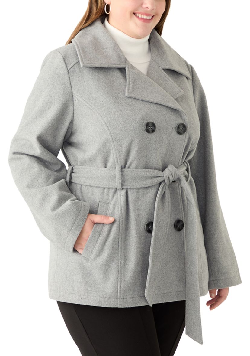 Plus Size Faux Wool Peacoat with Belt 