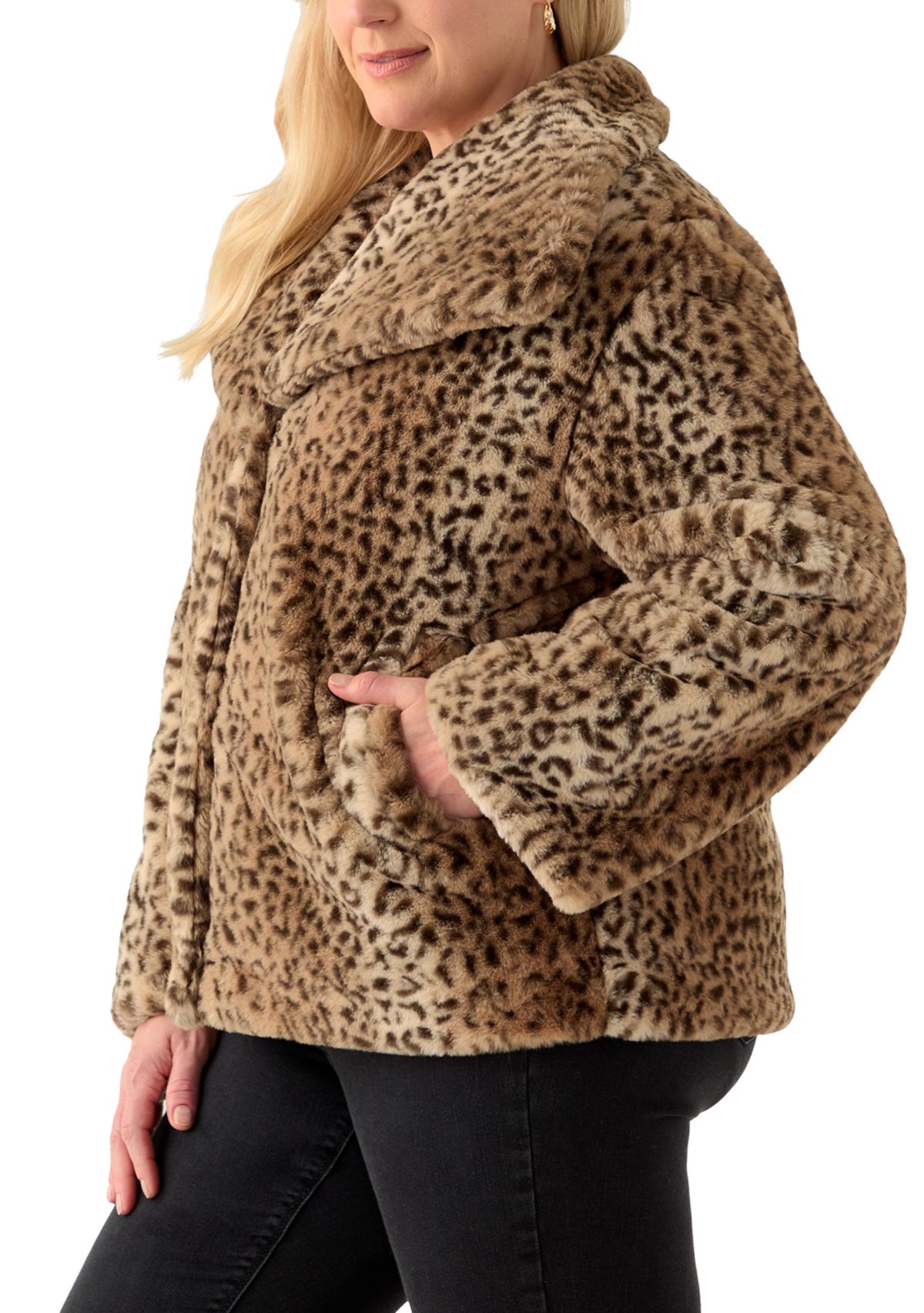 Plus Size Animal Print Faux Fur Coat