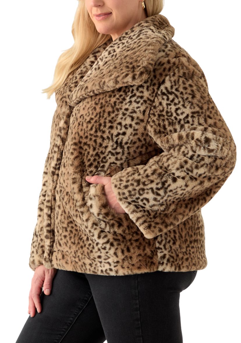 Plus Size Animal Print Faux Fur Coat