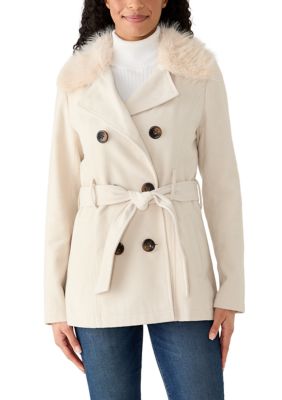 Vine & Valley Women's Fur Trim Peacoat with Belt, Beige, Small