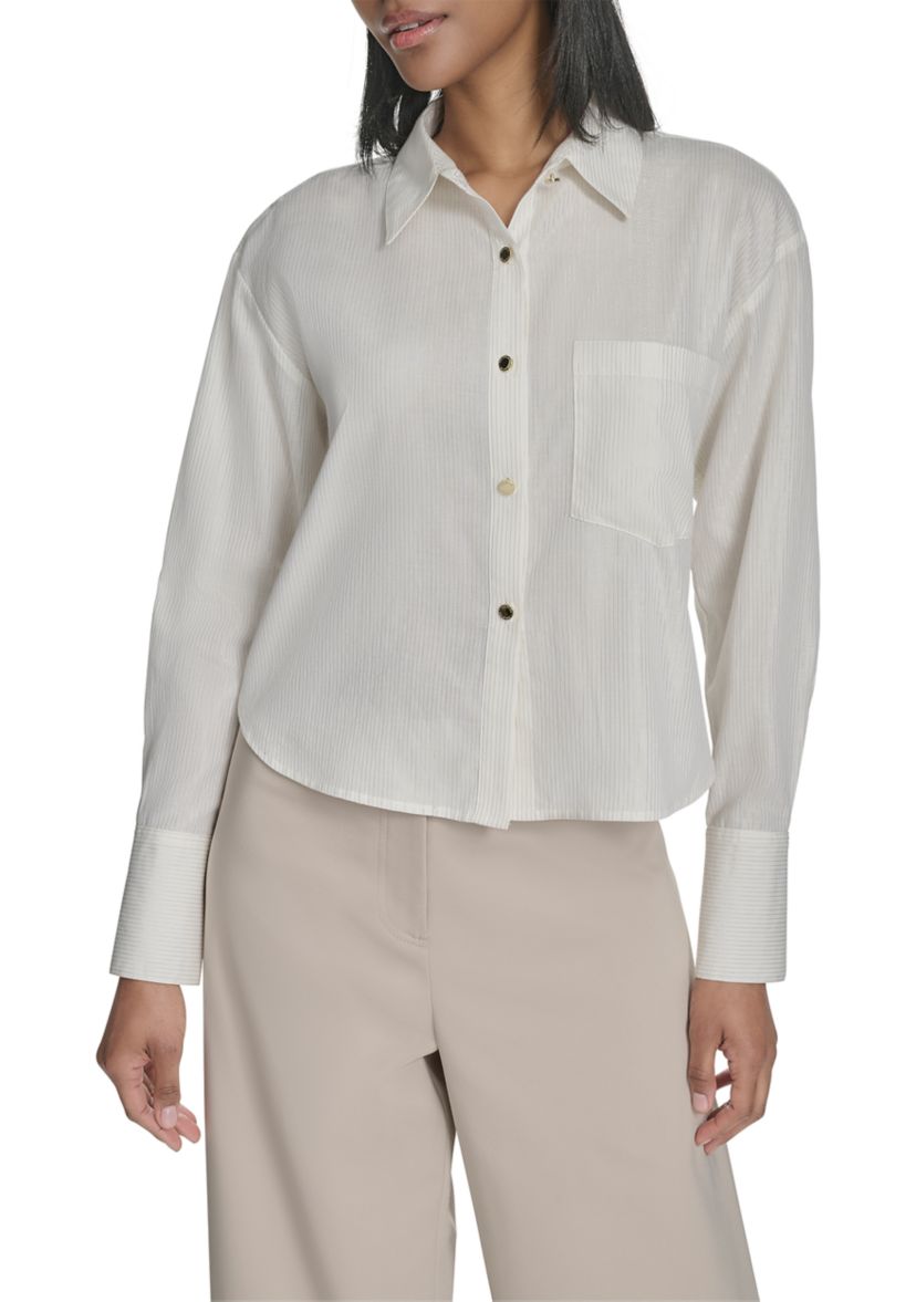 Womens Gold Striped Boxy Button Up Shirt 