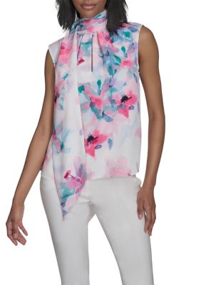 Halston Women's Back Bow Sleeveless Tie Blouse, Small