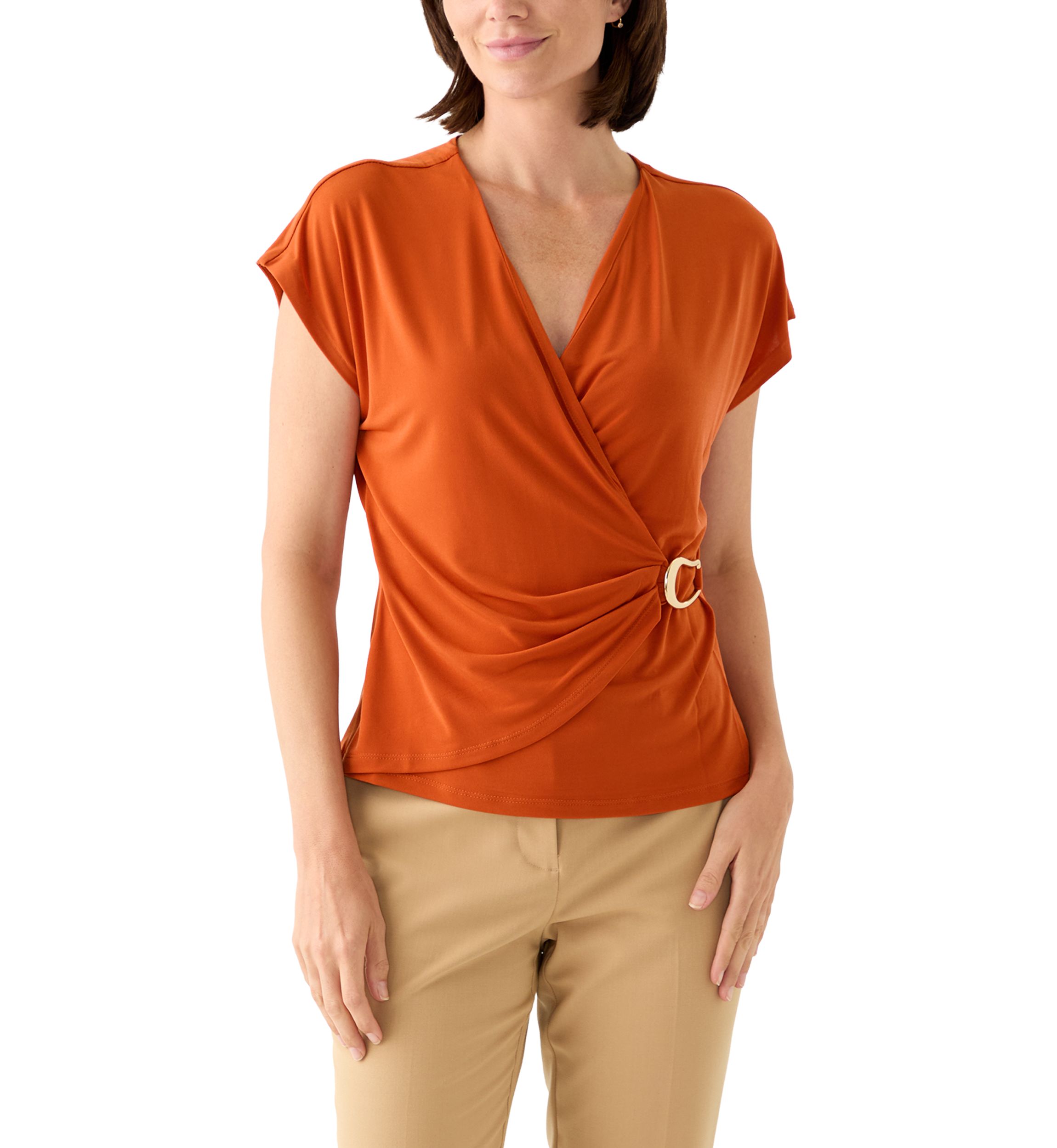 Womens Short Sleeve Jersey Wrap V-Neck Blouse