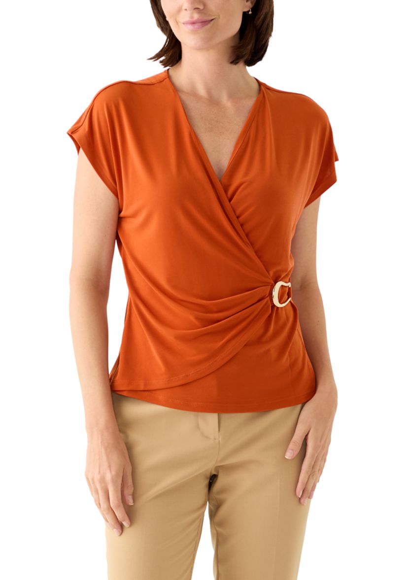 Womens Short Sleeve Jersey Wrap V-Neck Blouse