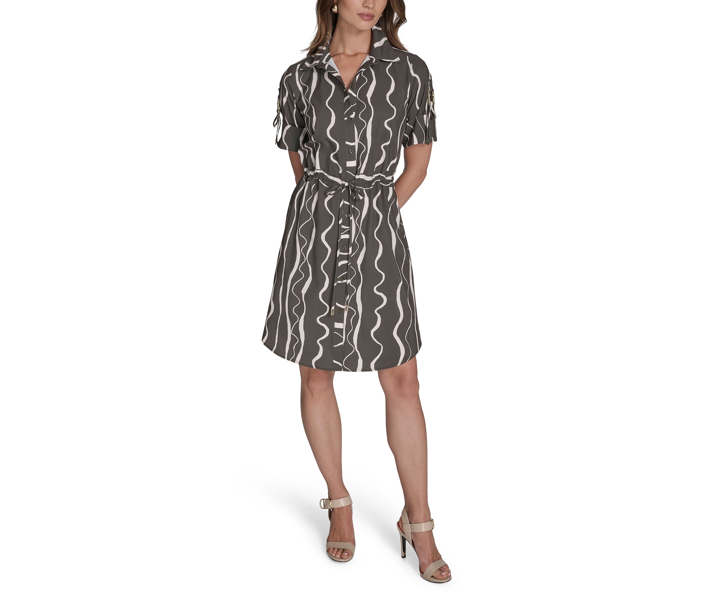 Womens Short Sleeve Belted Commuter Dress