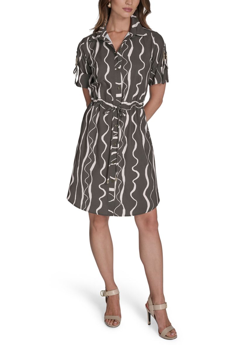 Womens Short Sleeve Belted Commuter Dress