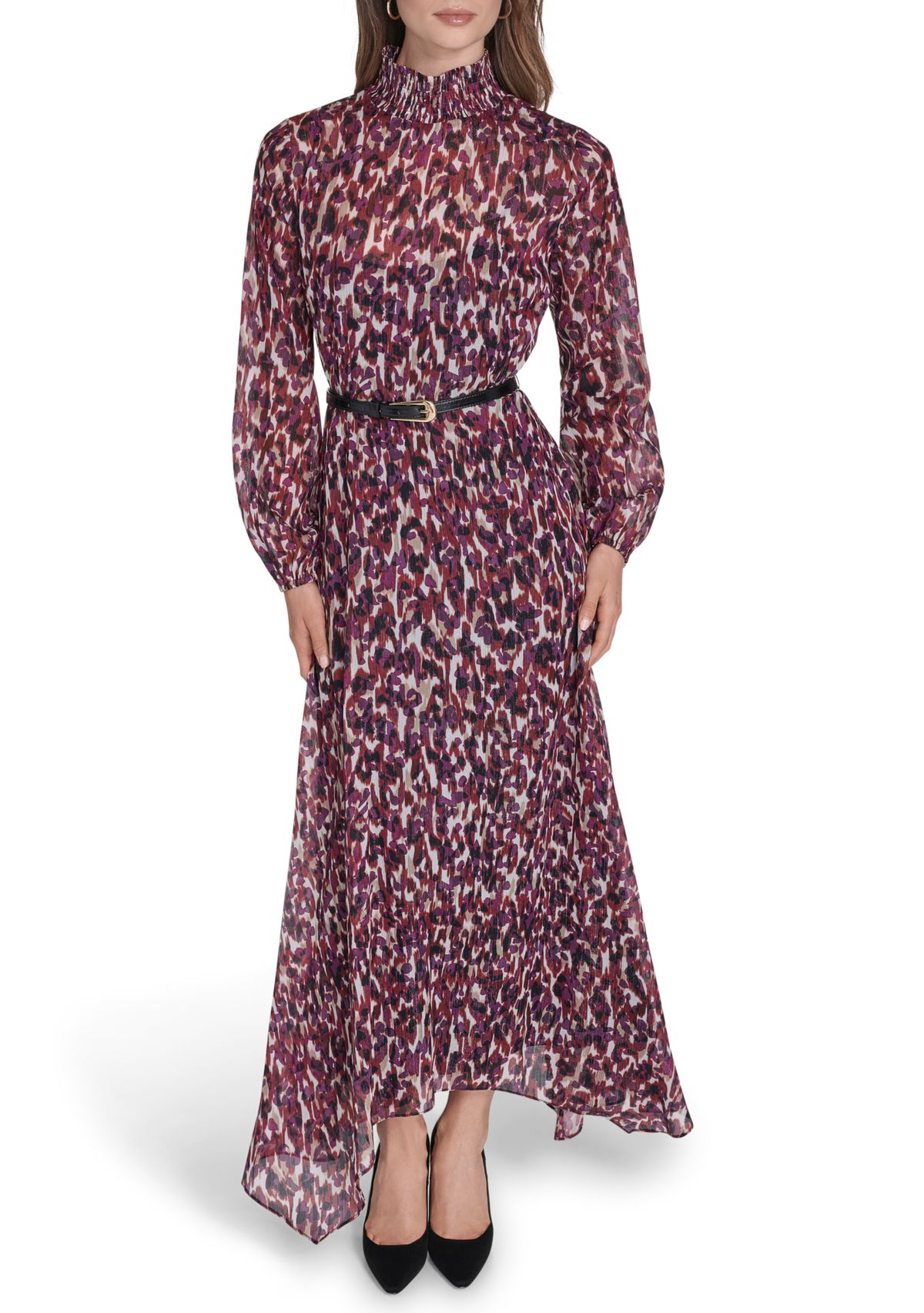 Womens Belted Chiffon Maxi Dress