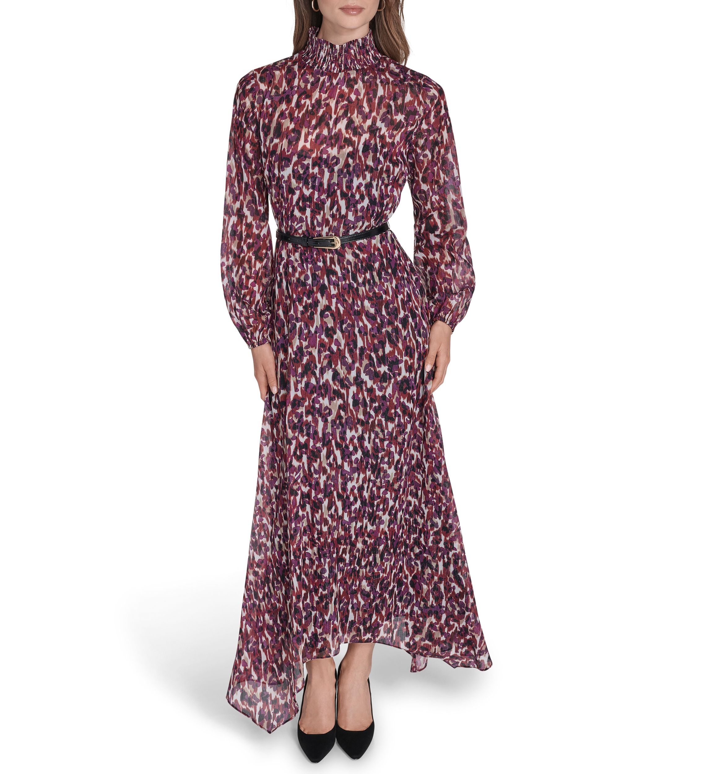 Womens Belted Chiffon Maxi Dress
