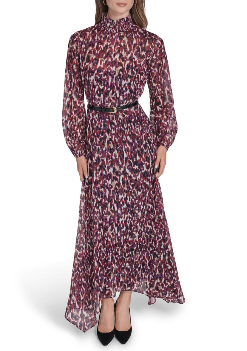 Womens Belted Chiffon Maxi Dress