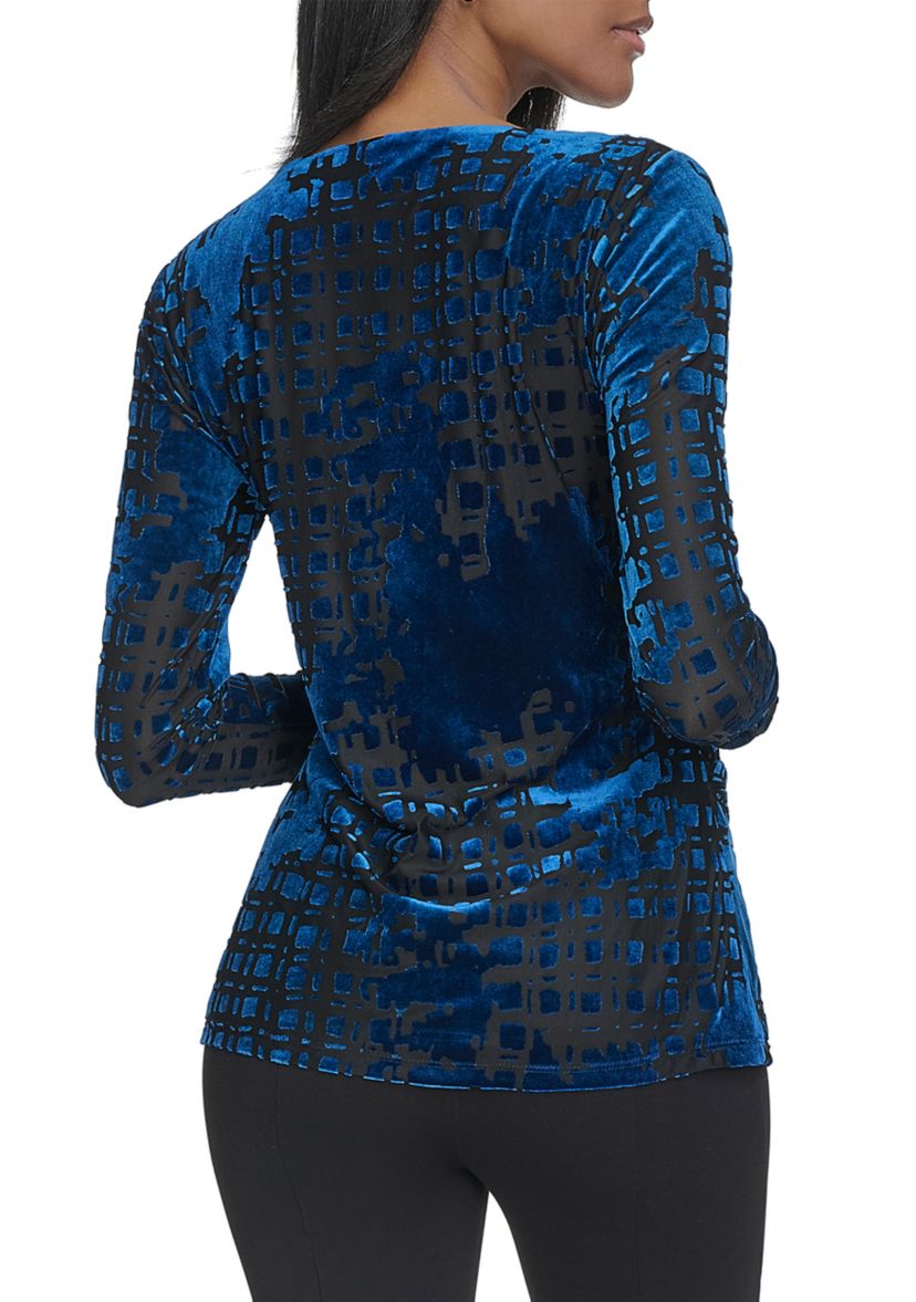 Womens Burnout Printed V-Neck Blouse