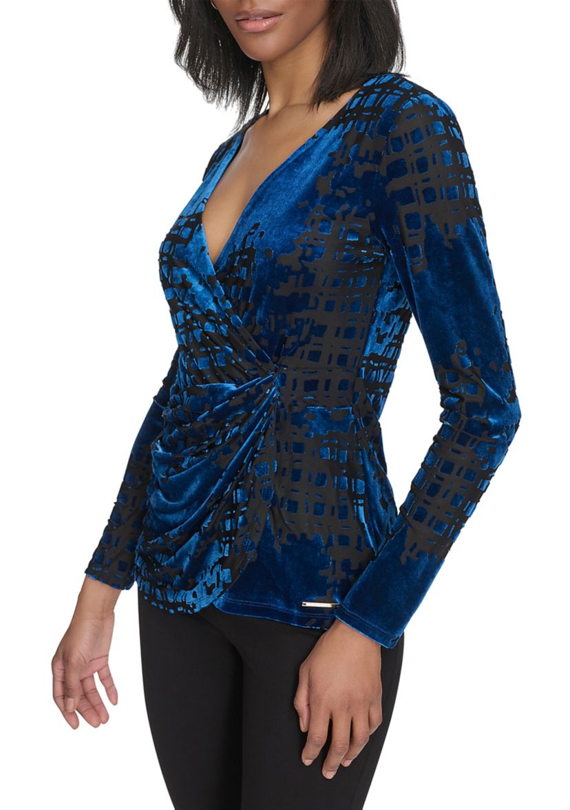 Womens Burnout Printed V-Neck Blouse