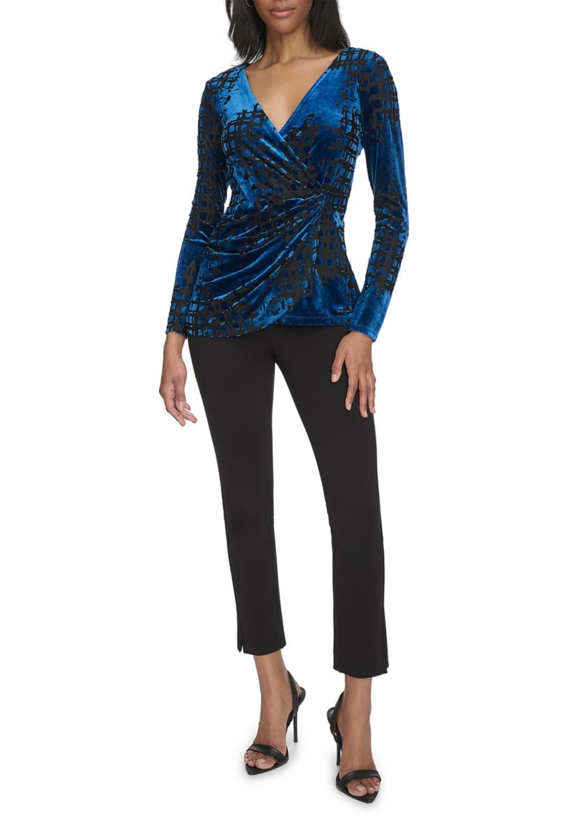 Womens Burnout Printed V-Neck Blouse