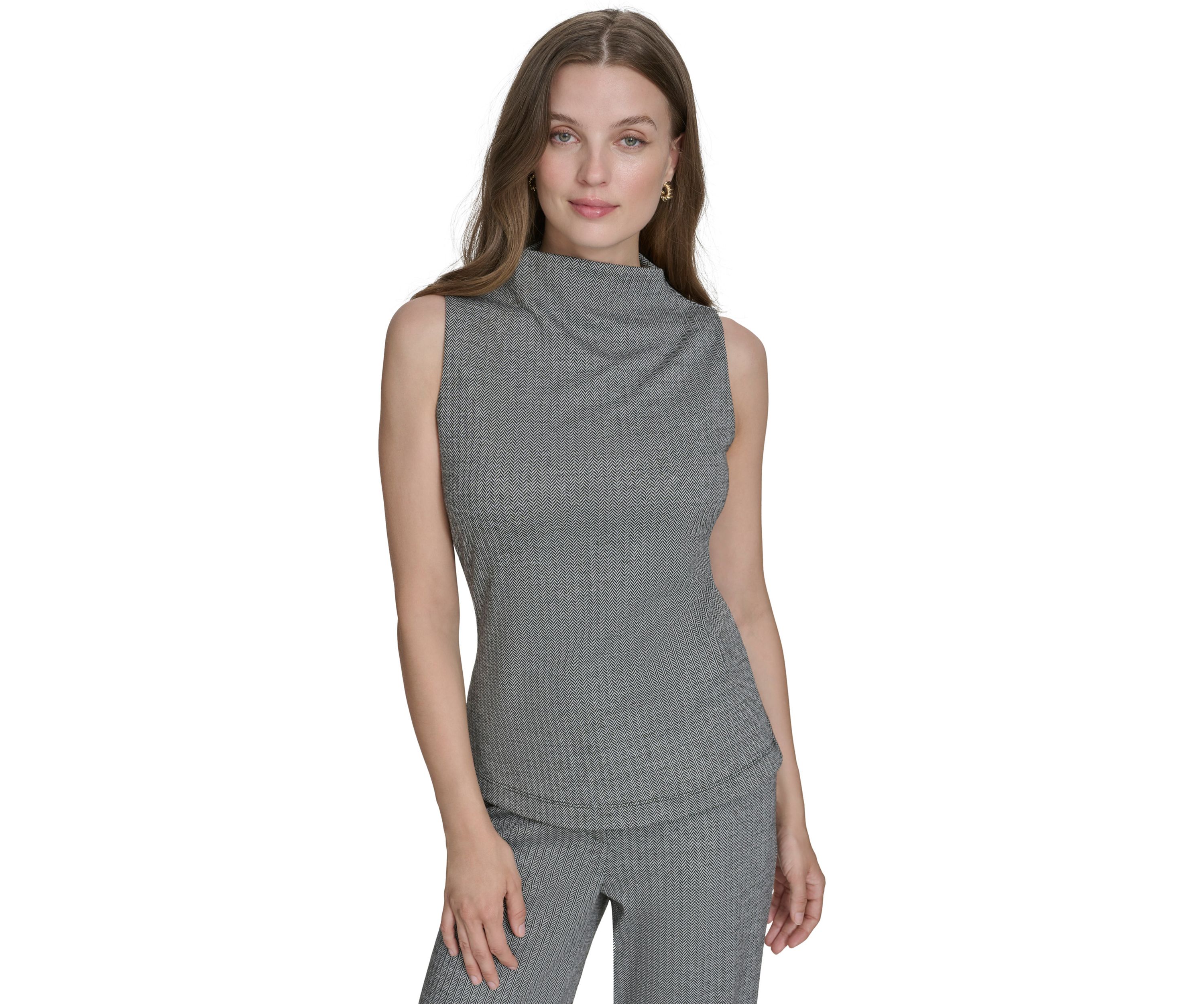 Womens Herringbone Mock Neck Sleeveless Top