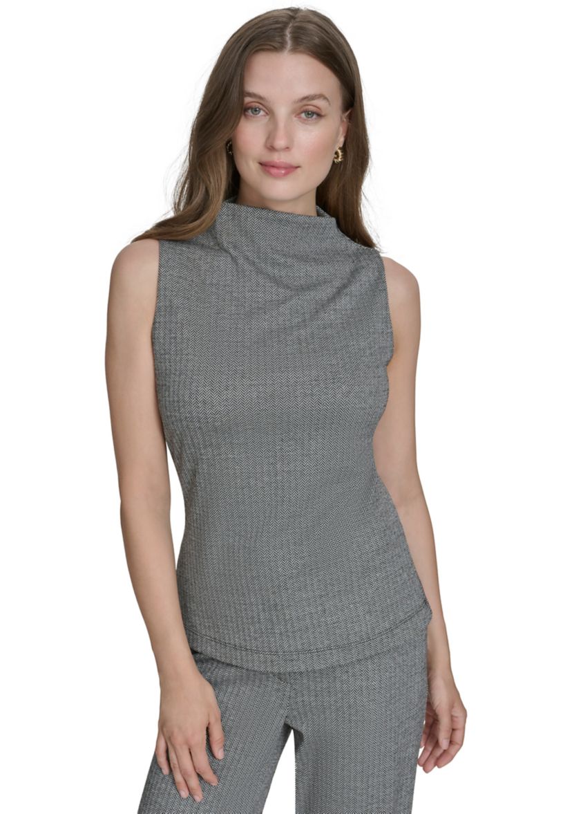 Womens Herringbone Mock Neck Sleeveless Top