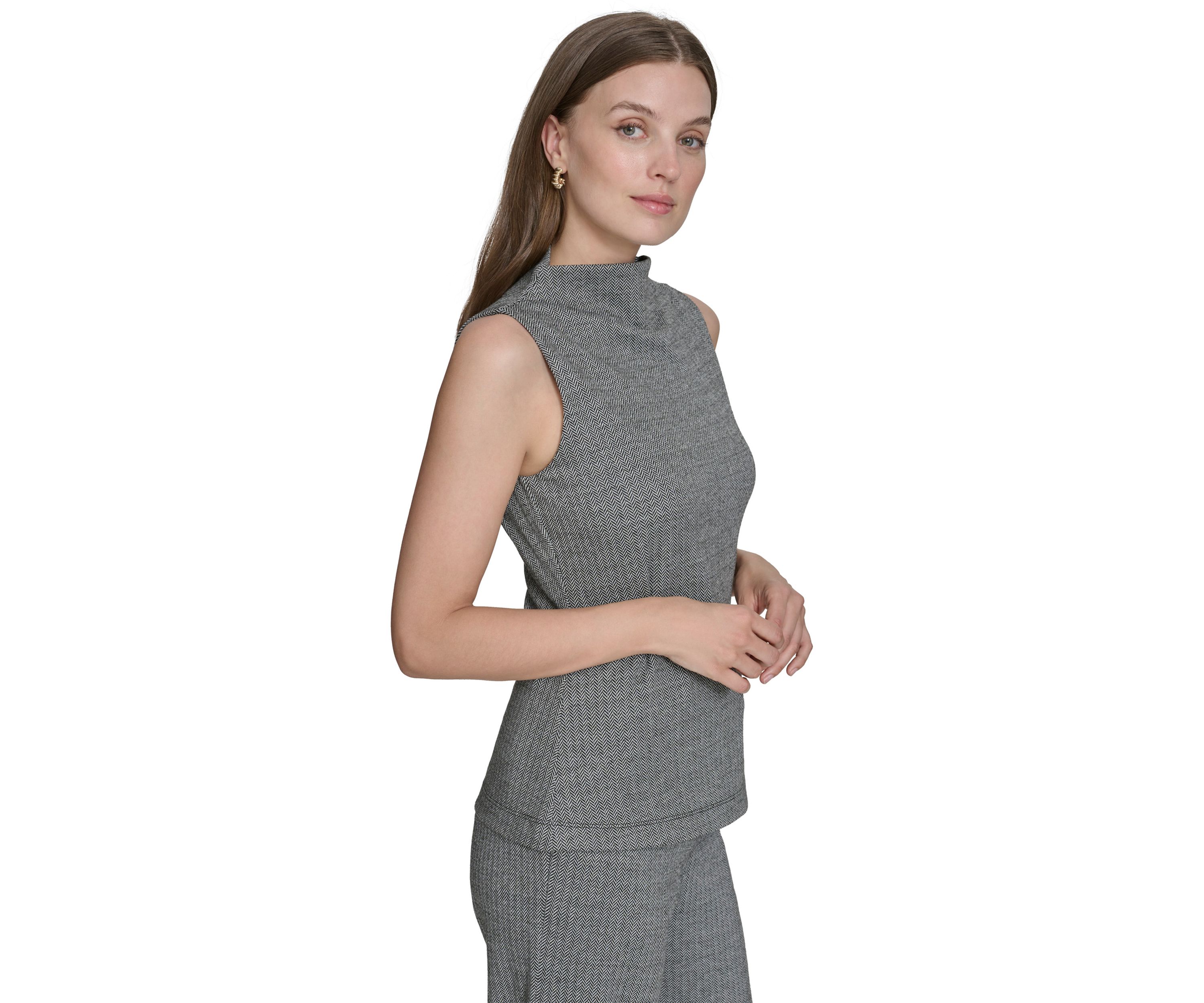 Womens Herringbone Mock Neck Sleeveless Top