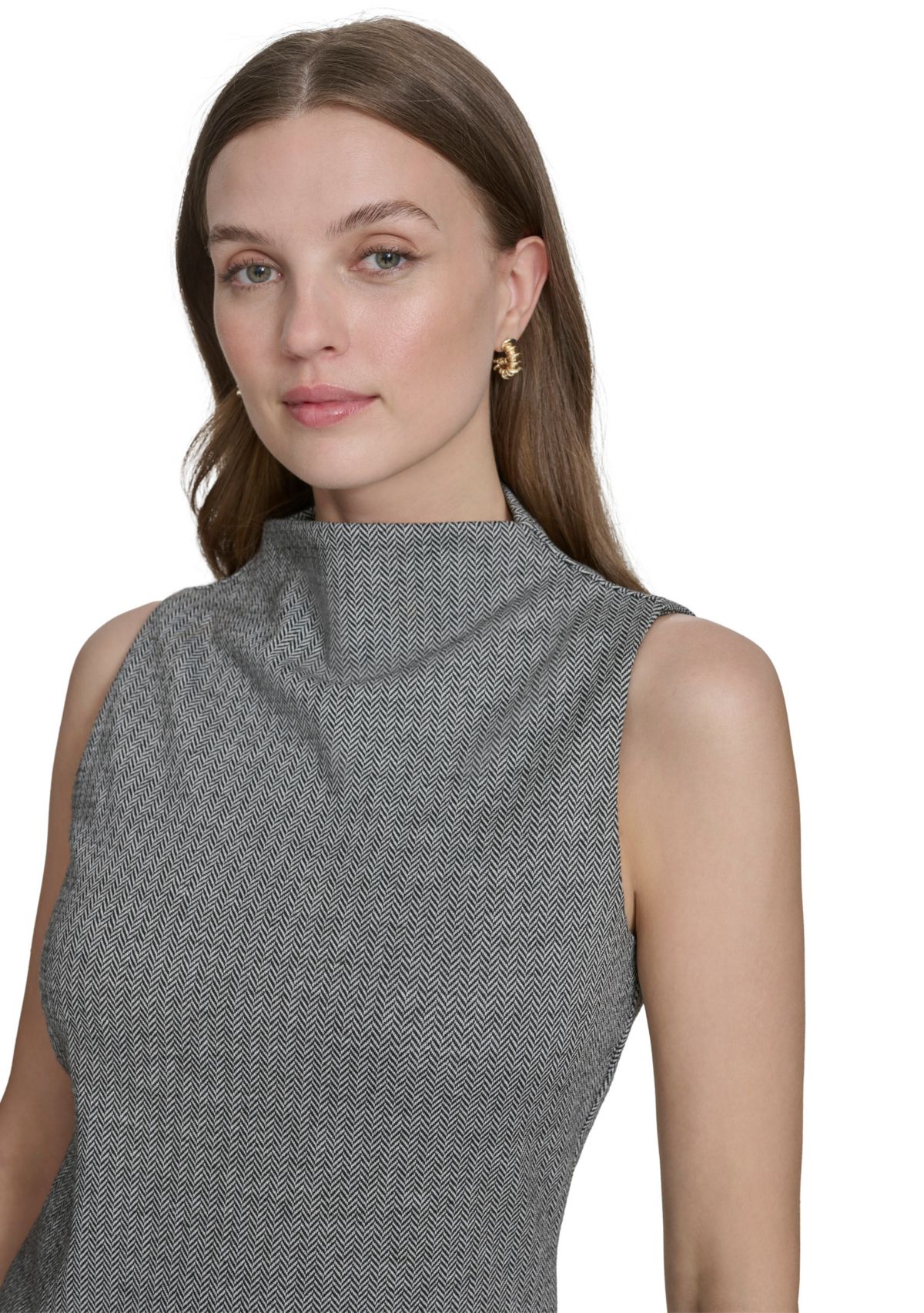 Womens Herringbone Mock Neck Sleeveless Top