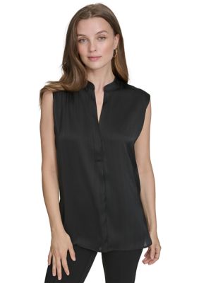Halston Women's Mandarin Collar Sleeveless Top, Black, Small