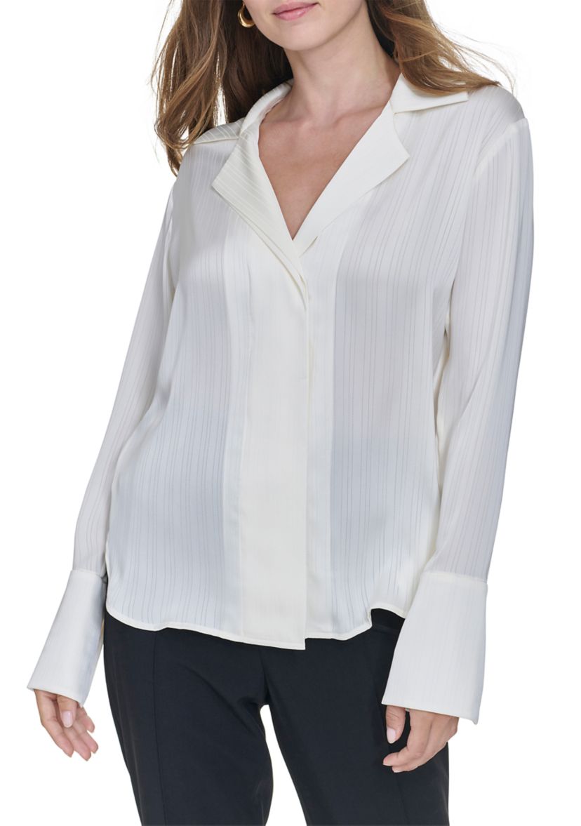 Womens Sheer Stripe Collared Button Top