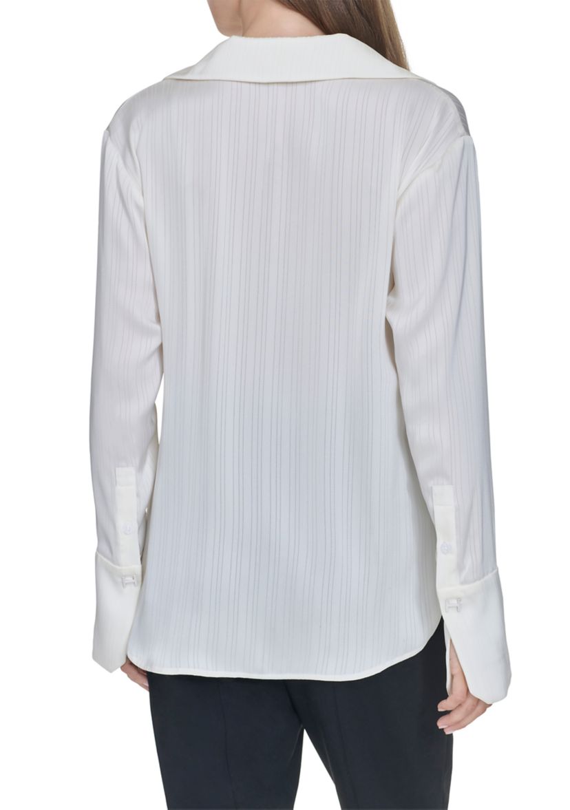 Womens Sheer Stripe Collared Button Top