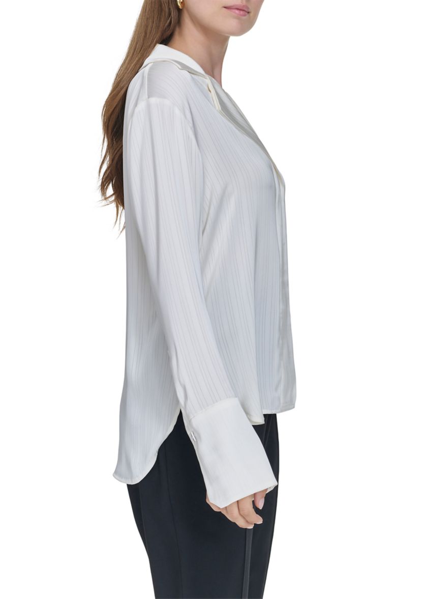 Womens Sheer Stripe Collared Button Top