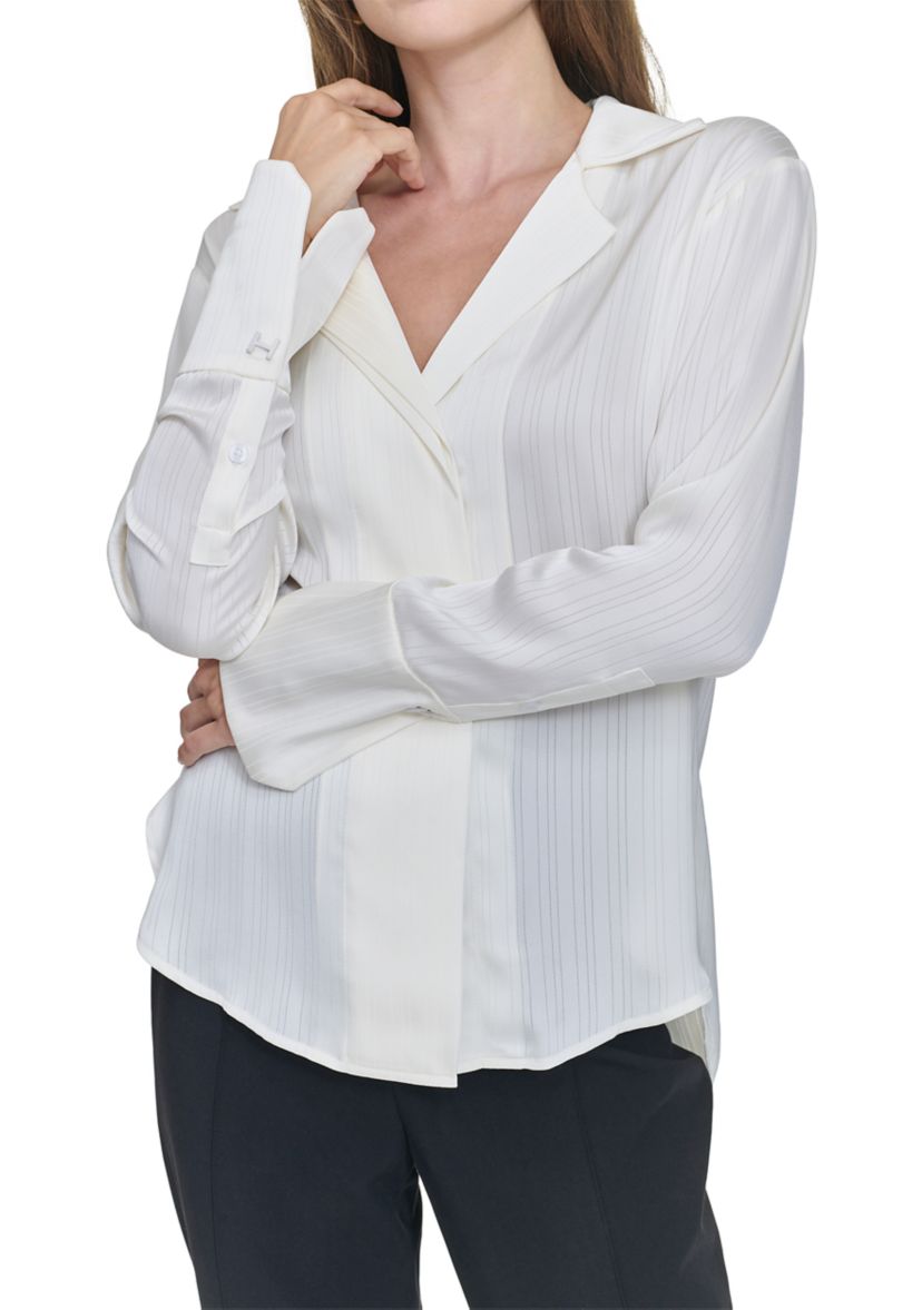 Womens Sheer Stripe Collared Button Top