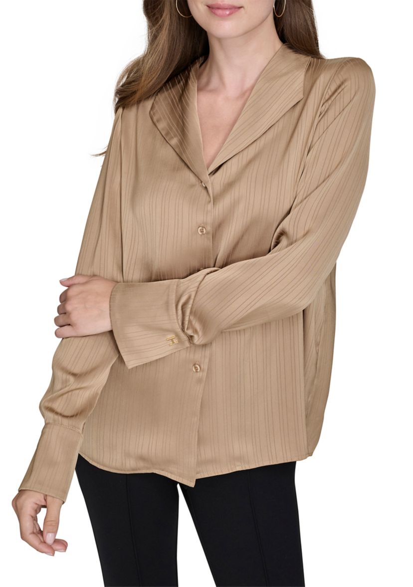 Womens Sheer Stripe Collared Button Top 