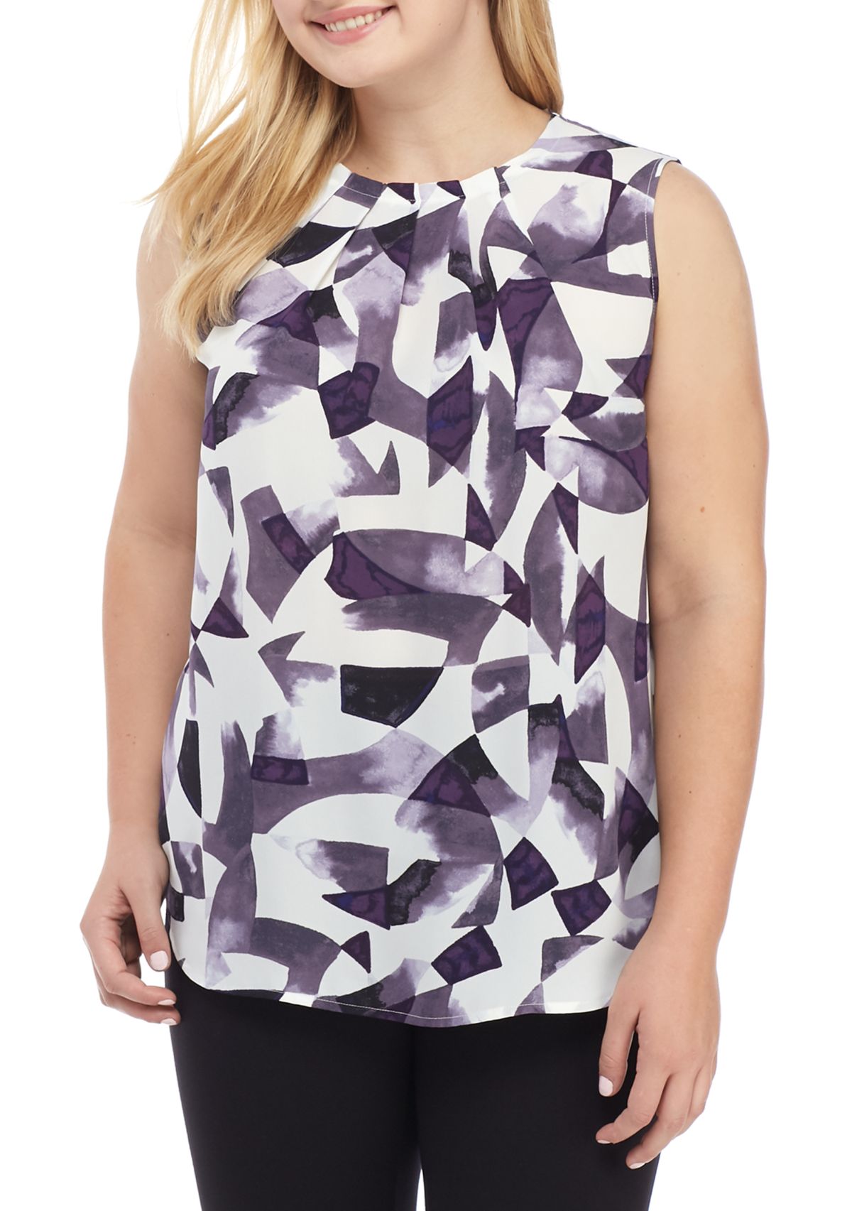 Plus Size Sleeveless Pleated Neck Blouse