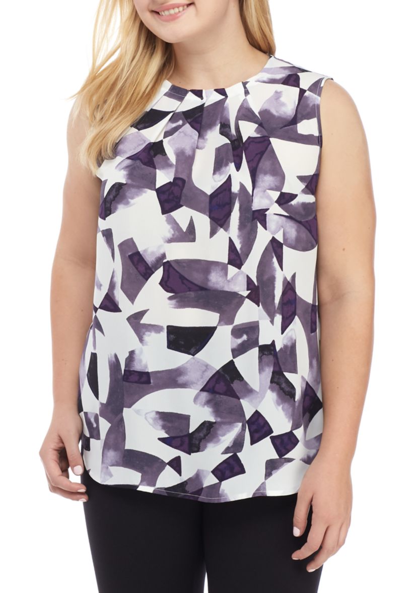 Plus Size Sleeveless Pleated Neck Blouse