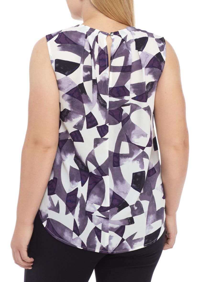 Plus Size Sleeveless Pleated Neck Blouse