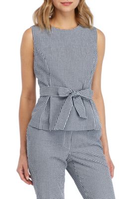 nine west sleeveless gingham blouse with self bel