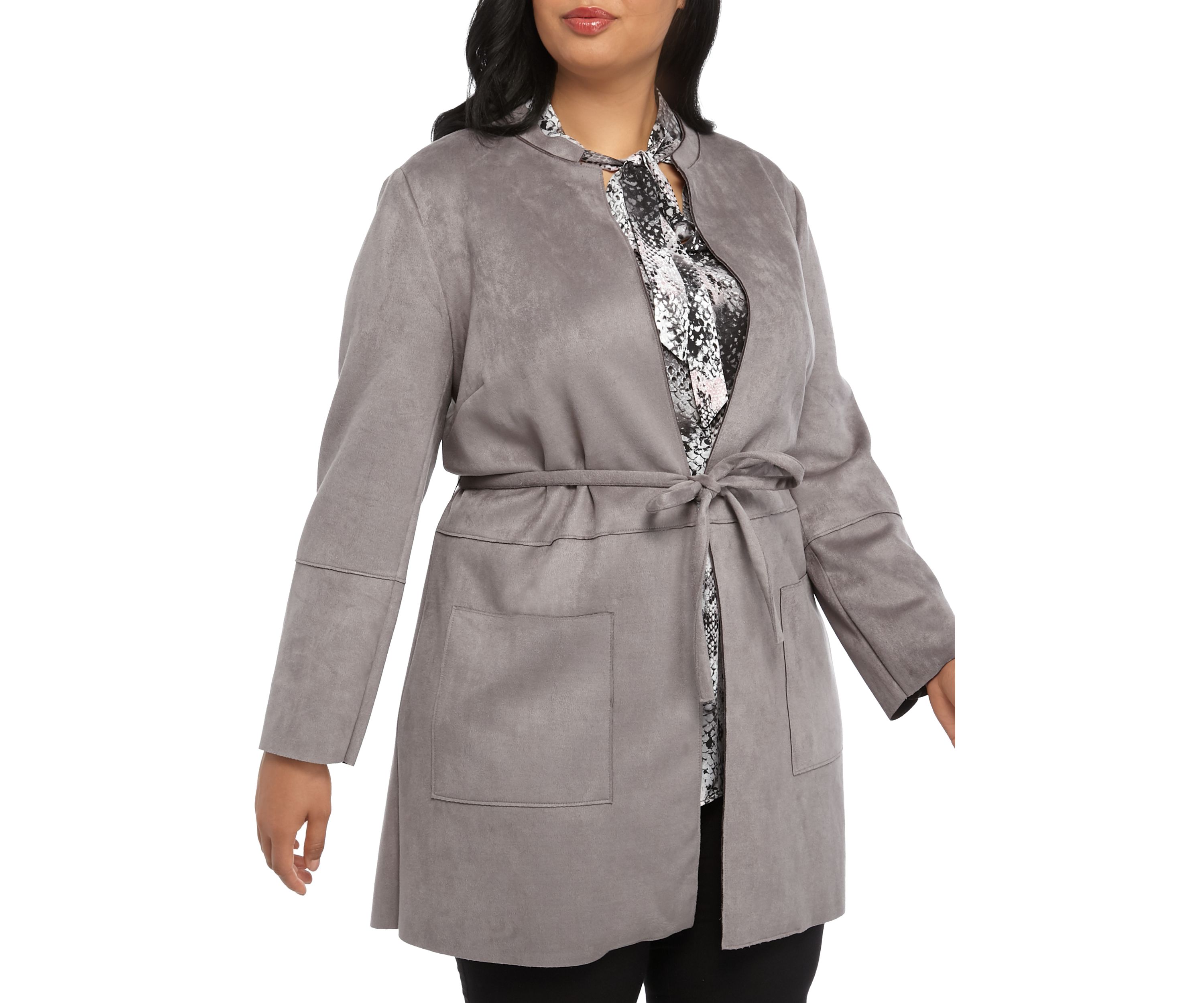 Plus Size Stand Coller Scuba Suede Jacket with Tie Belt