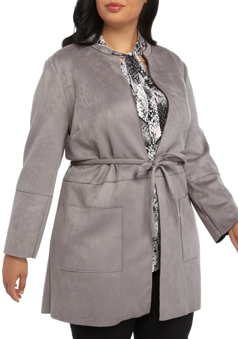 Plus Size Stand Coller Scuba Suede Jacket with Tie Belt