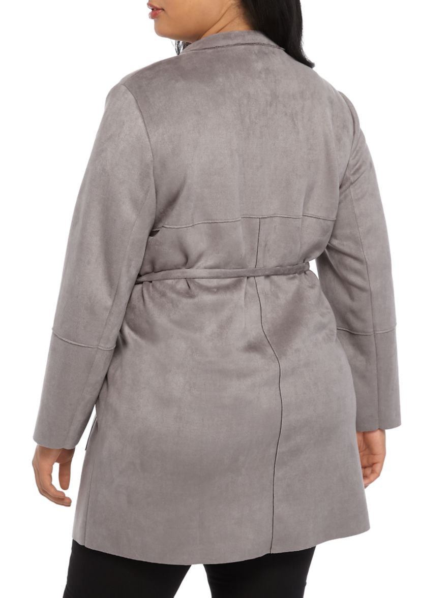 Plus Size Stand Coller Scuba Suede Jacket with Tie Belt