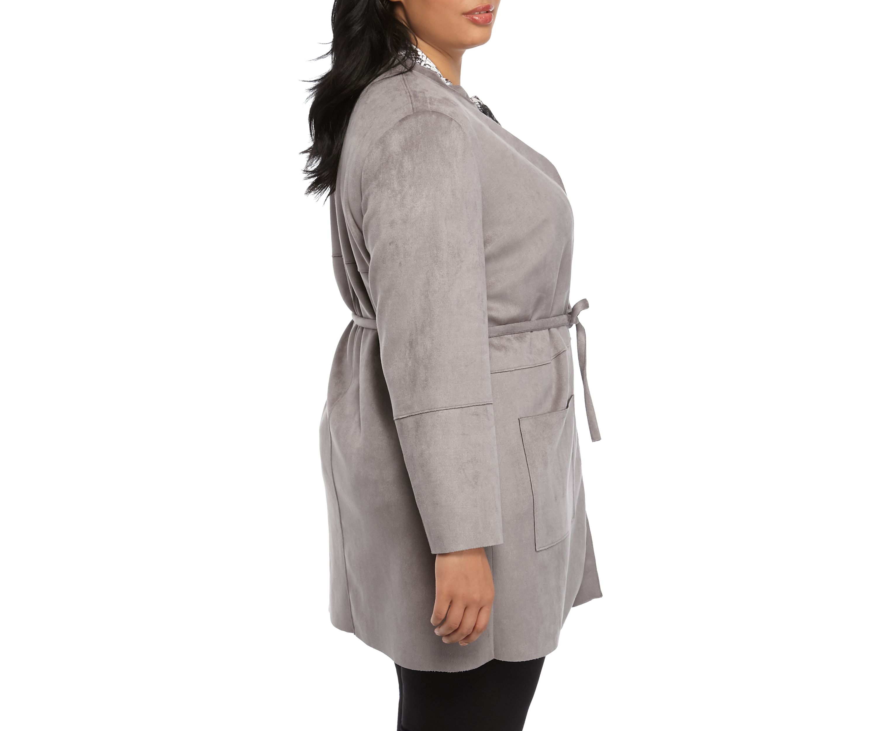 Plus Size Stand Coller Scuba Suede Jacket with Tie Belt