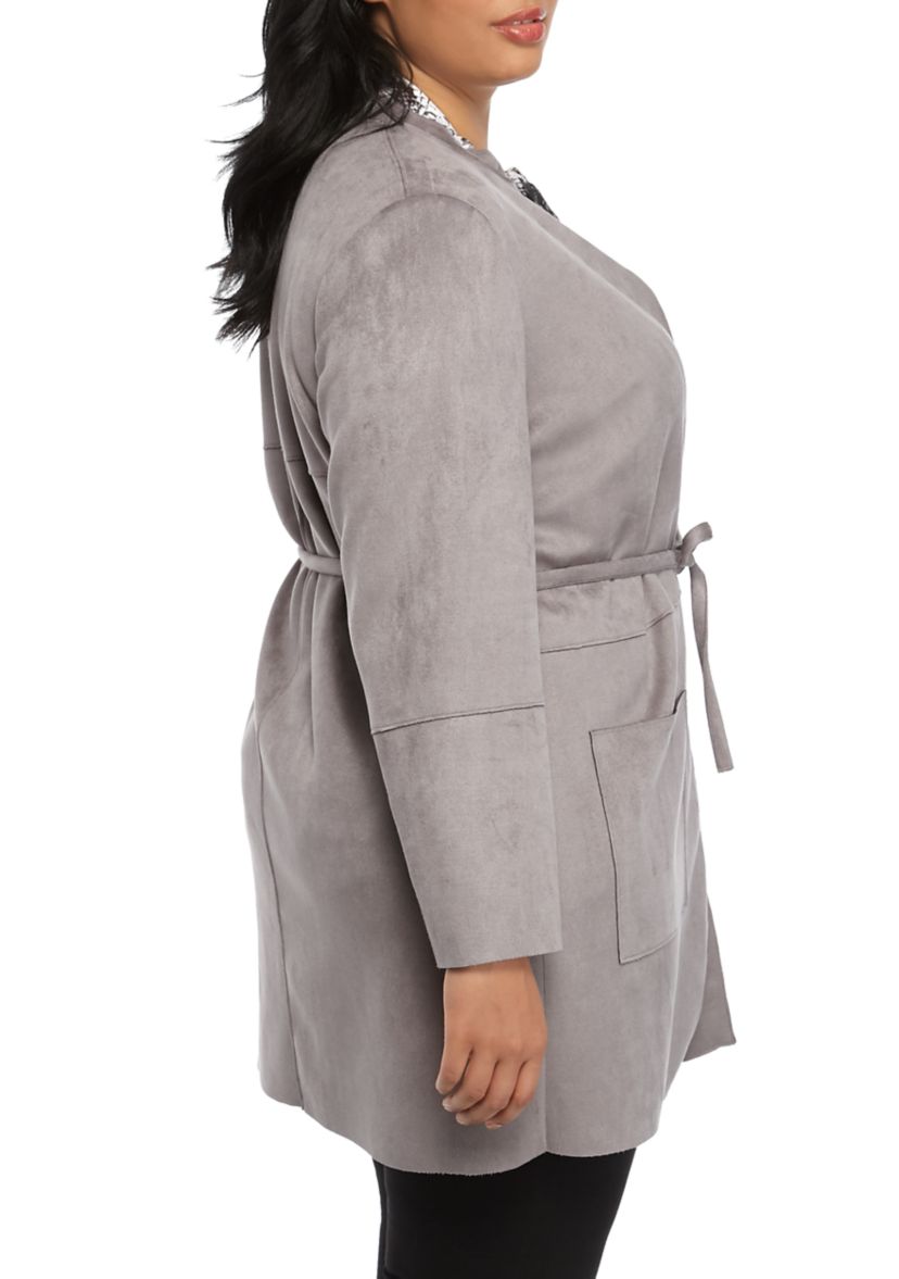 Plus Size Stand Coller Scuba Suede Jacket with Tie Belt