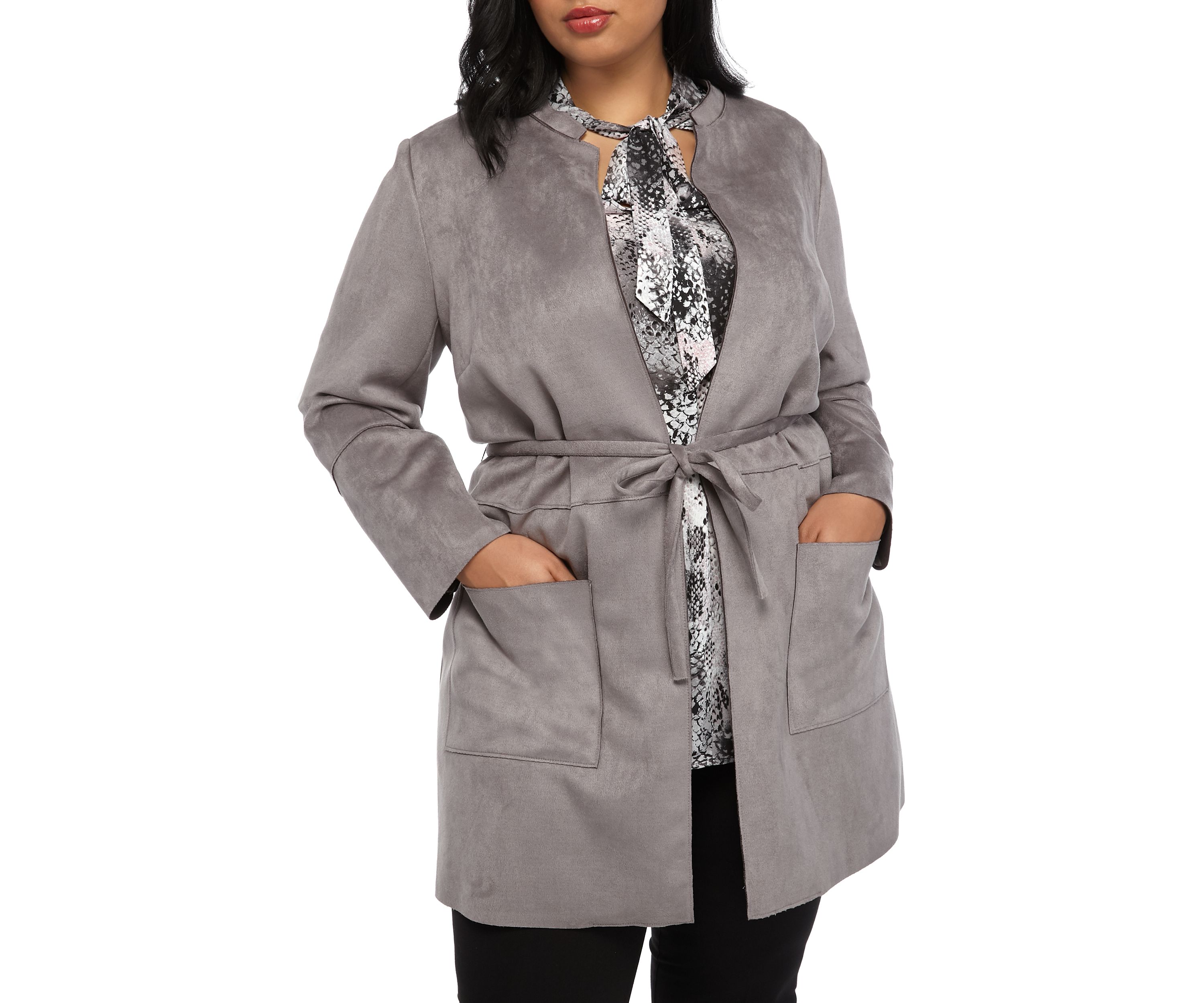 Plus Size Stand Coller Scuba Suede Jacket with Tie Belt